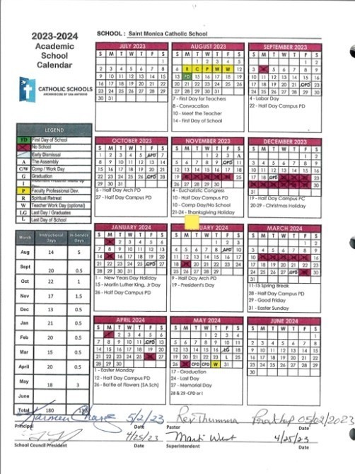 20232024 School Calendar St. Monica Catholic Church