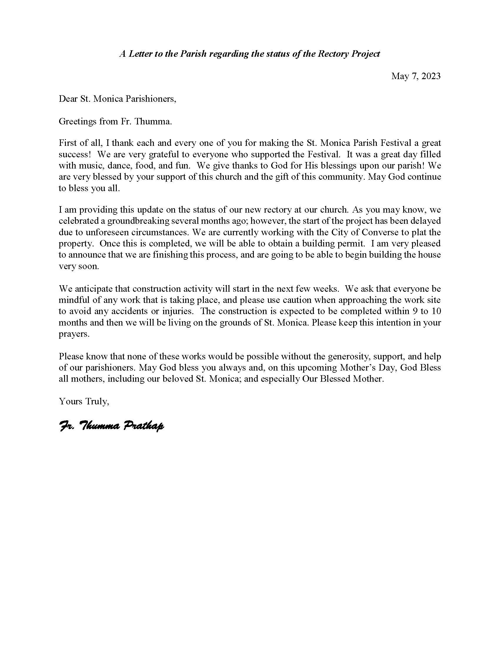 Letter From Fr. Thumma Rectory Update